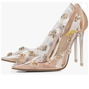FSJ Champagne Studded Pointed Toe Transparent Pumps High Heels Shoes